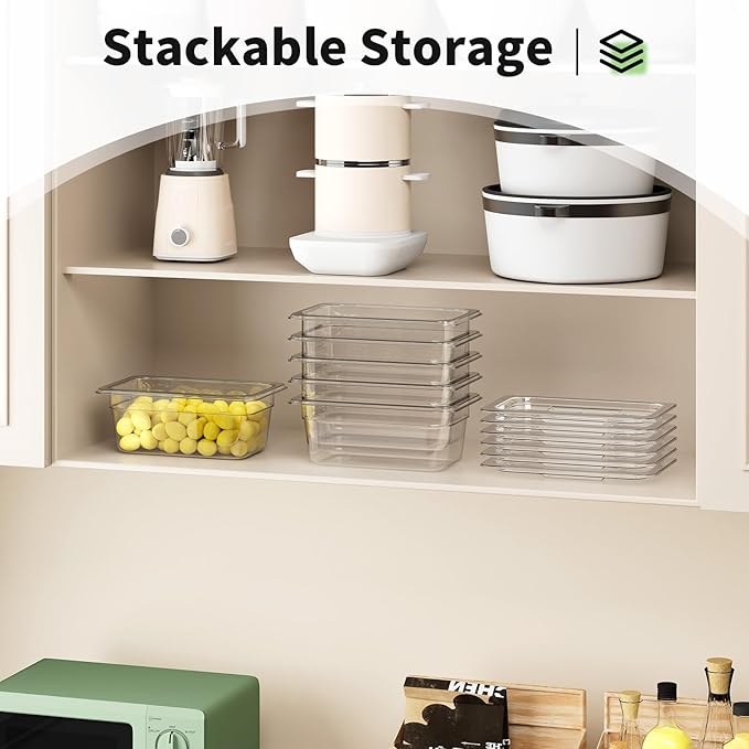 1/4 4'' 6 Pack Plastic Food Pans With Lids, Clear Food Pan, Commercial Stackable Polycarbonate Freezer-Safe for Fruits Vegetables Restaurant Kitchen