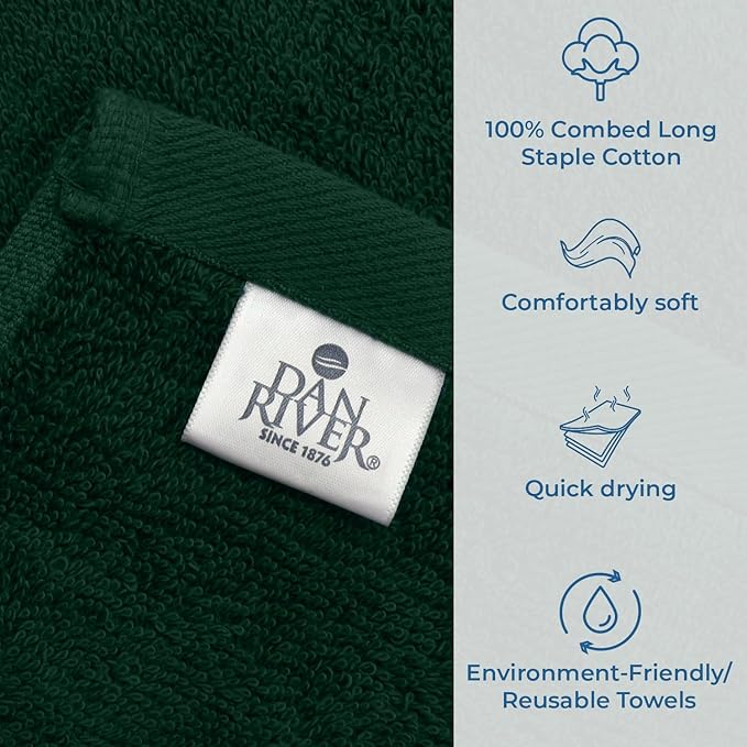 DAN RIVER Bath Towels Set of 4, 27 x 54 Inches, 100% Cotton, Larger & Lighter Weight, Quicker to Dry, Super Soft and Absorbent, Ideal Hotel Towels for Daily Use, Huntergreen