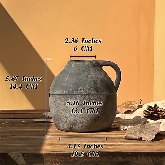 Rustic Ceramic Vase with Handle, Handmade Vintage Pottery for Home Decor, Black Farmhouse Flower Vase for Living Room, Wedding, Kitchen Centerpiece - 5.6 Inch