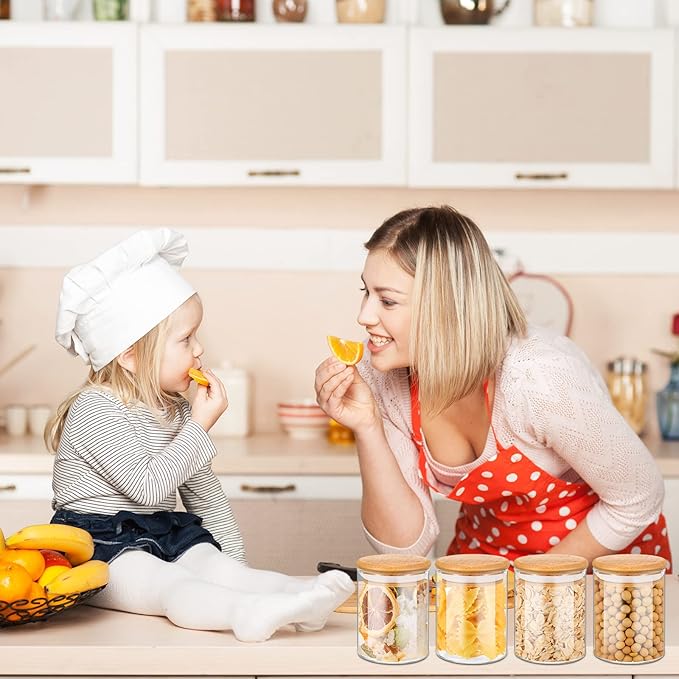 Zubebe 32 Pieces 7 oz Glass Spice Jars with Bamboo Lids and Labels, Large Clear Spice Containers with 660 Spice Labels Airtight Canisters Sets for Kitchen Seasoning Jars Storage Herbal Teas, Coffee