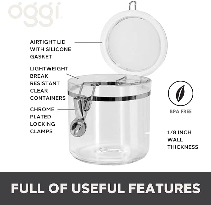 Oggi Jumbo Clear Canister with Clamp Lid, 150 oz - Airtight Food Storage Container, for Kitchen & Pantry Storage of Bulk, Dry Foods Including Pasta, Flour, Sugar, Coffee, Rice, Tea, Spices & Herbs
