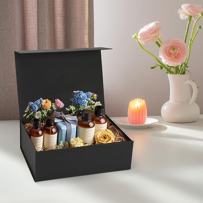 Ditwis 4 Pack 12x9x4 Inches Gift Boxes with Magnetic Closure Lids, Black Magnetic Box for Wedding, Groomsmen Bridesmaid Proposal, Birthdays, Mother's Day