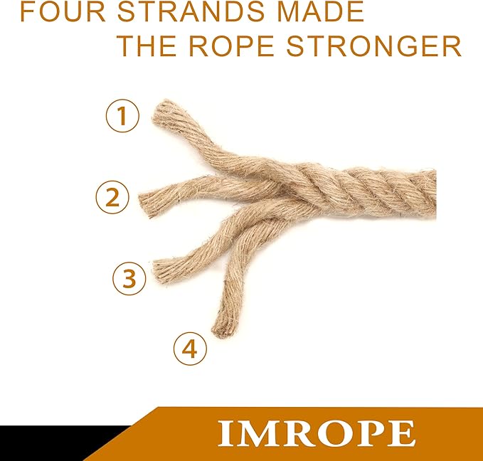 3/4 Inch Jute Rope 100 Ft, IMROPE Natural Rope Twisted 4 Strands for DIY Arts Crafts, Garden, Home Decorating, Hammock
