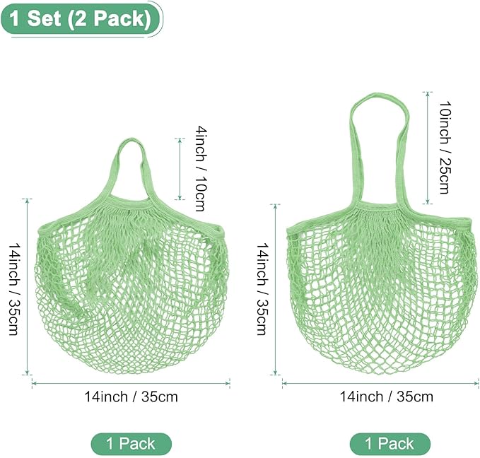 2-Pack Cotton Mesh Bag, Reusable Washable Mesh Net String Grocery Bags, Reusable Produce Bags with Handle, Net Tote Bag for Fruits/Vegetables Shopping [Avocado, Long&Short Handle]