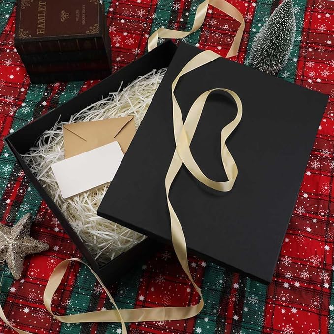 Extra Large Gift Box with Lid 17x13x6 Inches, Black Gift Boxes for presents Packaging for Birthdays, Valentine's Day, Christmas, Anniversaries (Include Shredded Paper Fill, Envelope Card Ribbon)