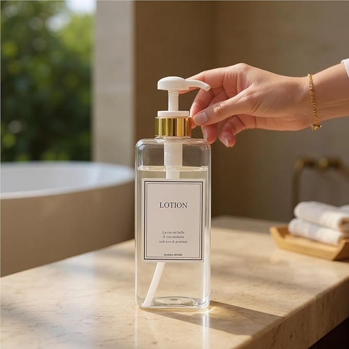 Modern Gold Design 27 oz Shampoo and Conditioner Dispensers - Plastic Refillable Pump Bottle Set for Bathroom Shower Soap Dispenser, Gift Box Included, Set of 3 (Clear & White)