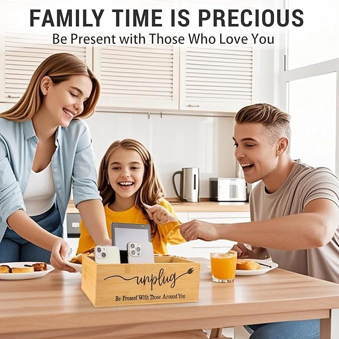 Bamboo Wood Phone Box – Unplug from Phones, Tablets, and Electronics for Study, Meetings, and Family Time, Phone Holder Organizer with Charging Holes, Farmhouse Style, Holds Up to 18 Phones-Wood