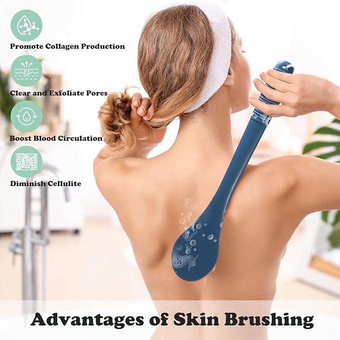 17-Inch Back Scrubber for Shower, Anti-Slip Exfoliating Body Brush for Bath, Gentle Back Brush for Shower for Men, and Women, Cleaning Skin for Smooth, Glowing Skin (Blue)