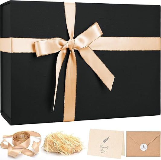 LIFELUM Large Gift Box 14"x8.5"x4.5" Birthday Gift Boxes for Presents for Anniversary Wedding,Black Gift boxes with Ribbon,Shredded Filler,Card