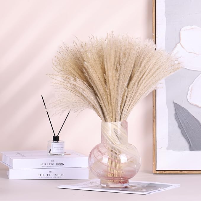 Pink Hand Blown Glass Wide Mouth vase for Home Decoration Short Round Glass vase for Living Room, Dining Table, Bookcase, TV Cabinet, Bookshelf and Office Desktop Decoration.