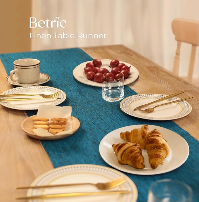 100% Pure Linen Table Runner - 14 x 90 Inch Dresser Scarf for Farmhouse Dining Table, Perfect for Fall, Thanksgiving, and Christmas -Athena -Chambray Teal