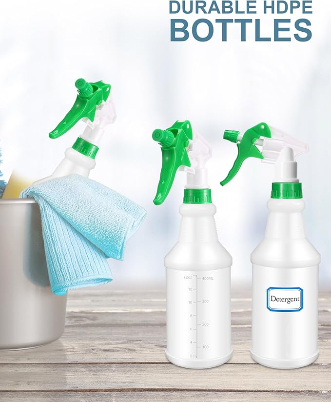 Eccliy 20 Pack 16oz Empty Spray Bottles, Leakproof Cleaning Bottles with Measurement and Adjustable Nozzle for Housekeeping, Commercial Use(Cylinder,Green Spray Head)
