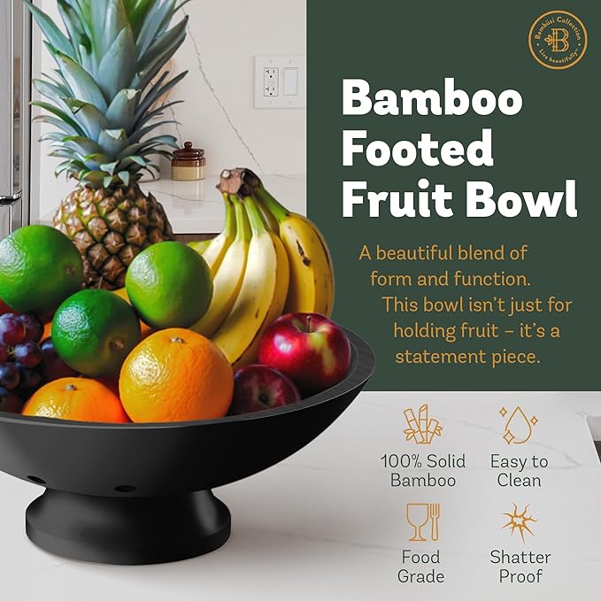 Black Wooden Fruit Bowl - Large Decorative Pedestal Bowl for Kitchen Counter & Dining Table Centerpiece, Modern Bamboo Serving Bowl for Fruits, Salads, Snacks, Keys, Bread, Entryway or Home Decor Gift