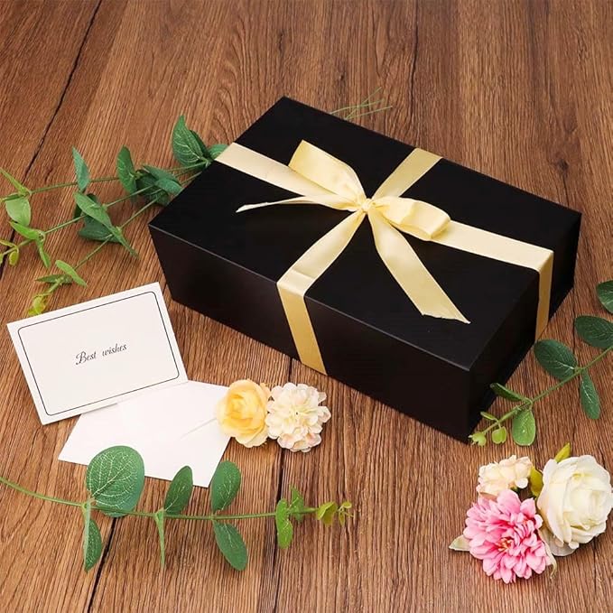 UoeRing 1 Pcs Black Gift Box,9.5x6x3 Magnetic Gift Box for Presents with Lids Rectangle Collapsible for Bridesmaid Proposal Box,Wedding,Christmas,Birthday Gift Packging with Ribbon Card Envelope