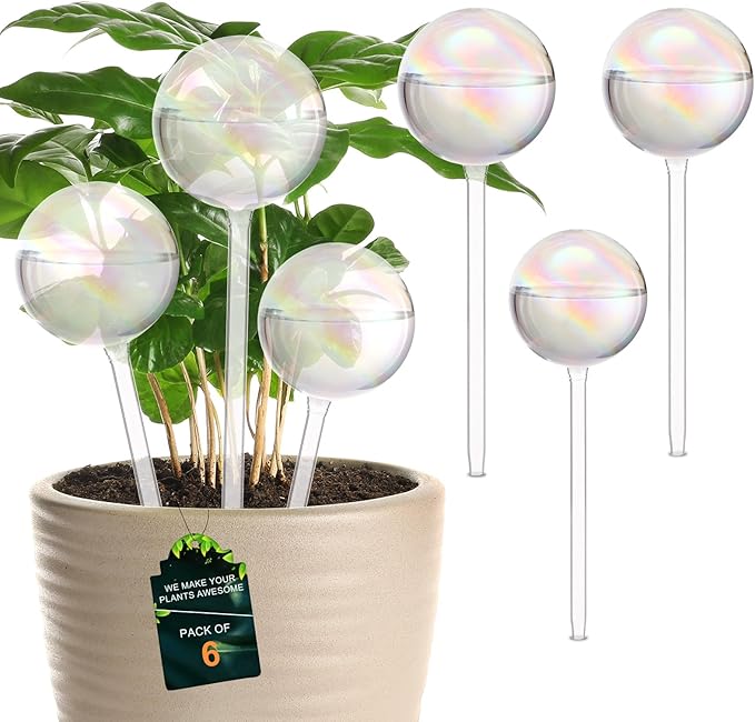6 Pcs Plant Watering Globes Glass Iridescent Rainbow Self Watering Globes Clear Automatic Plant Watered Bulbs Devices Set Including 16oz 13oz 10oz for Indoor Plants Home Garden Vacation Care
