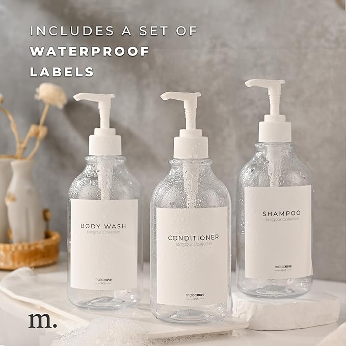 MaisoNovo Refillable Shampoo and Conditioner Bottles | 16.9 fl oz Set of 3 Clear Plastic Bottles White Pumps