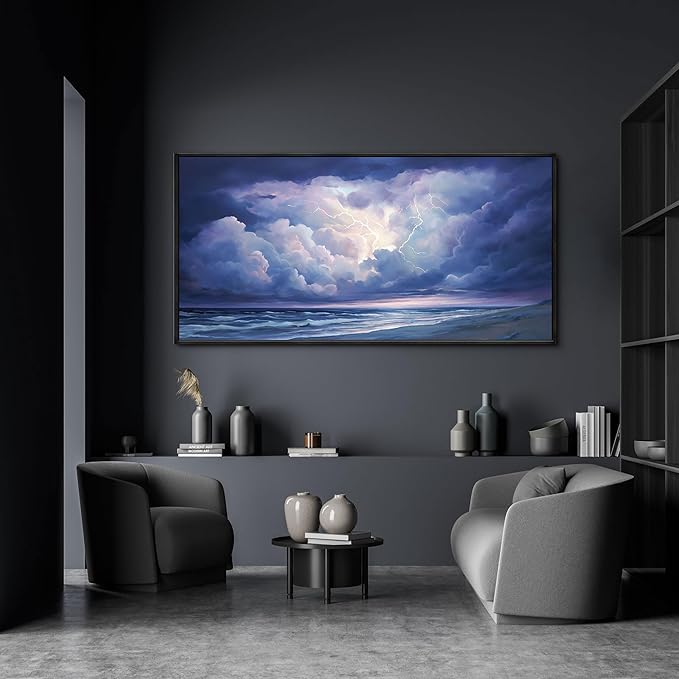 yiijeah Living Room Wall Decor - Modern Wall Art for Bedroom Office Decor Large Abstract Thundercloud Beaches Coast Painting Framed Canvas Prints Ready to Hang Wall Pictures Home Decor
