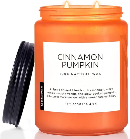 M&SENSE Cinnamon Pumpkin Fall Scented Candles, 19.4oz Soy Natural Candles 110 Hours Long Lasting Slow Burning Autumn Candle Gifts for Thanksgiving