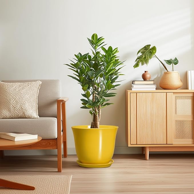 12 Inch Plant Pot - Ceramic Plant Pots with Drainage Hole and Saucer, Large Round Planter for Indoor Outdoor, Modern Flower Pot, Decorative Planters, Home Garden Decor, Garden Gifts, Yellow