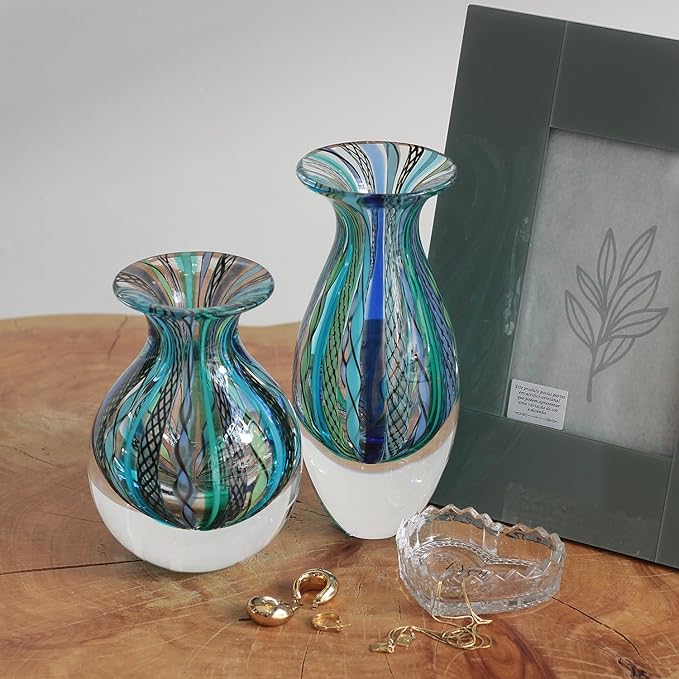 Ca D Oro Small Glass Vase Boho with Blue/Green Canes Hand Blown Murano-Style Art Glass - Model Nº 2