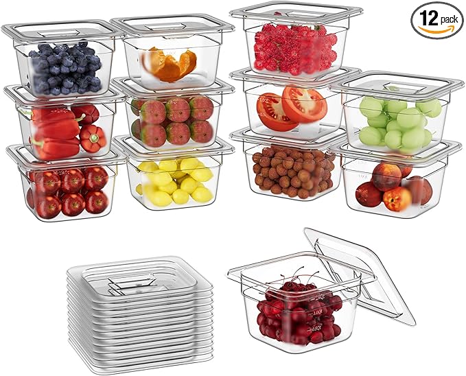 1/6 4'' 12 Pack Plastic Food Pans With Lids, Clear Food Pan, Commercial Stackable Polycarbonate Freezer-Safe for Fruits Vegetables Restaurant Kitchen