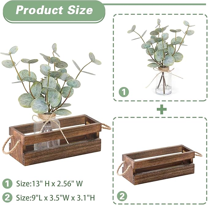 Artificial Eucalyptus Stems in Glass Vase with Faux Water,Combined with Wood Tray Centerpiece Table Decoration,13" Fake Plant with Double-Sided Leaves for Home Decor