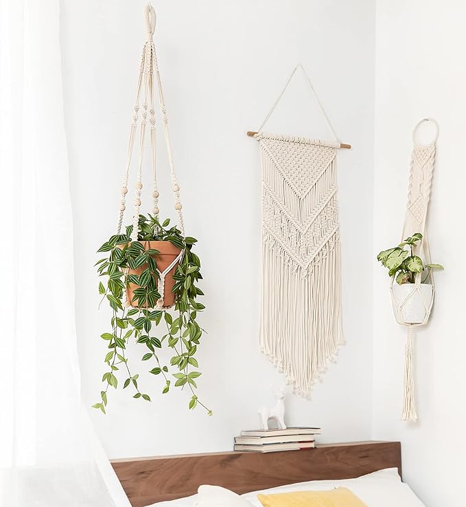 Mkono Macrame Plant Hanger Indoor Hanging Planter Basket with Wood Beads Decorative Flower Pot Holder No Tassels for Indoor Outdoor Boho Home Decor 35 Inch, Ivory, Set of 2 (POTS NOT Included)