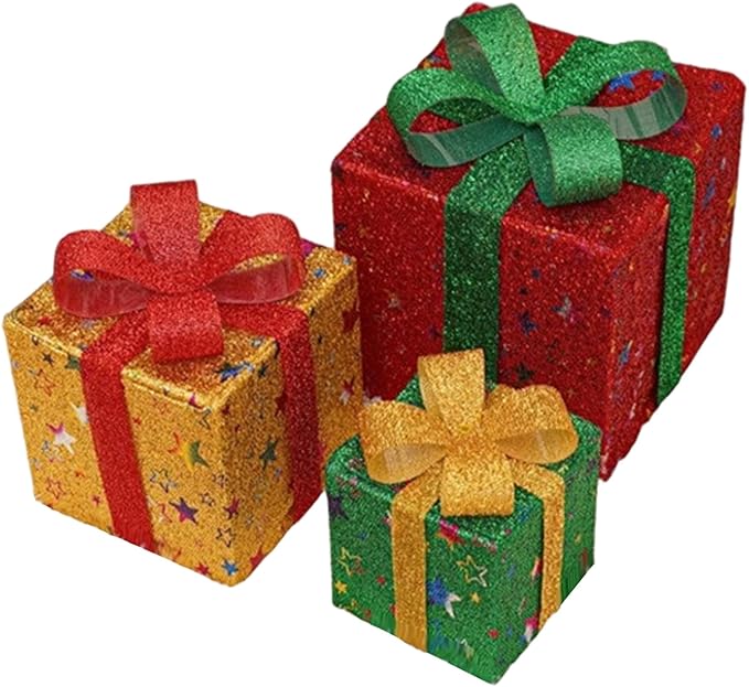 Christmas Lighted Gifting Boxes 3PCS/Set LED Warm White Christmas Decorations Colorful Box Battery Operated for Holiday, Indoor, Yard, Home, Lawn Decor, Decor