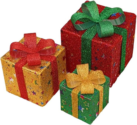 Christmas Lighted Gifting Boxes 3PCS/Set LED Warm White Christmas Decorations Colorful Box Battery Operated for Holiday, Indoor, Yard, Home, Lawn Decor, Decor