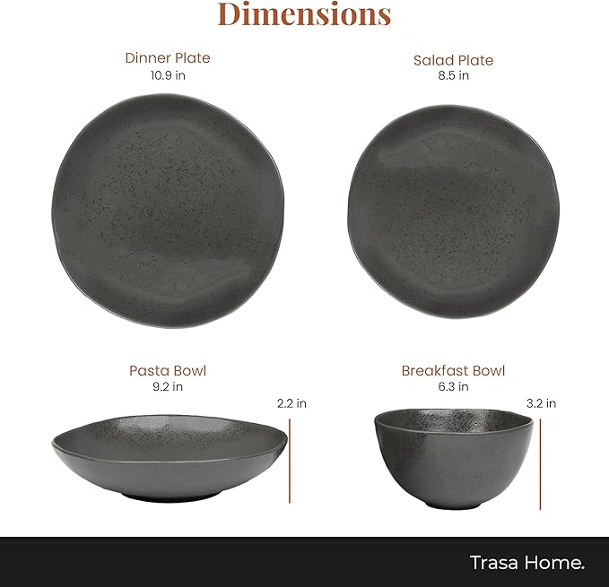 Trasa Home by Larder & Vine, Eco-Friendly High Fired Artisan Stoneware, Organic & Modern Dinnerware, 16 piece set, 4 place settings (Charcoal)
