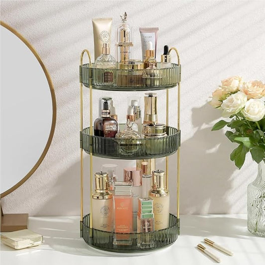 360° Rotating Makeup Organizer – 3-Tier Spinning Cosmetic Holder for Vanity, Countertop, Bathroom & Dresser – Perfume, Skincare & Cosmetic Care Organizer (Clear Green, 3 Tier)