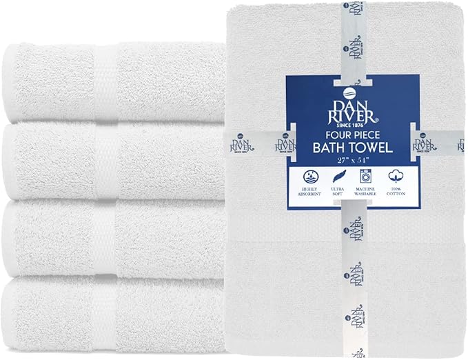 DAN RIVER Bath Towels Set of 4, 27 x 54 Inches, 100% Cotton, Larger & Lighter Weight, Quicker to Dry, Super Soft and Absorbent, Ideal White Towels for Daily Use