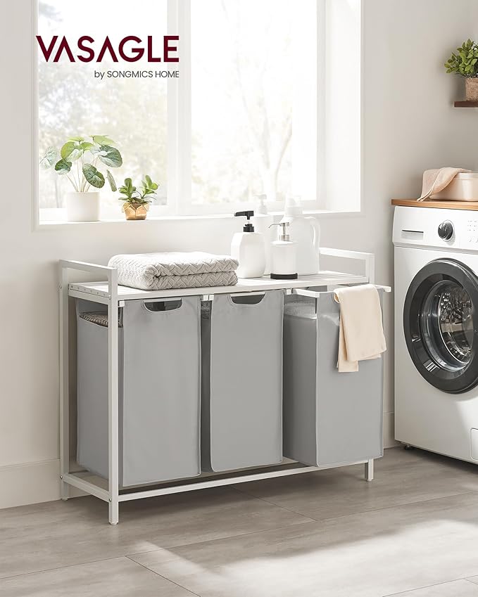 VASAGLE Laundry Hamper, Laundry Basket, Laundry Sorter with 3 Pull-Out and Removable Bags, Shelf, Metal Frame, 3 x 10.6 Gallons (40 L), 36.4 x 13 x 28.4 Inches, Dove Gray and Cloud White UBLH301W03
