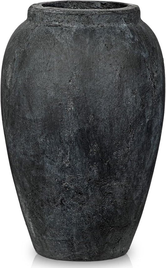Handcrafted Flower Vase, 10.5" Tall Terracotta Vintage Black Ceramic Vases, Rustic Antique Vase Décor, Wide Mouth, Matte Finish for Home Office Resto Café Décor