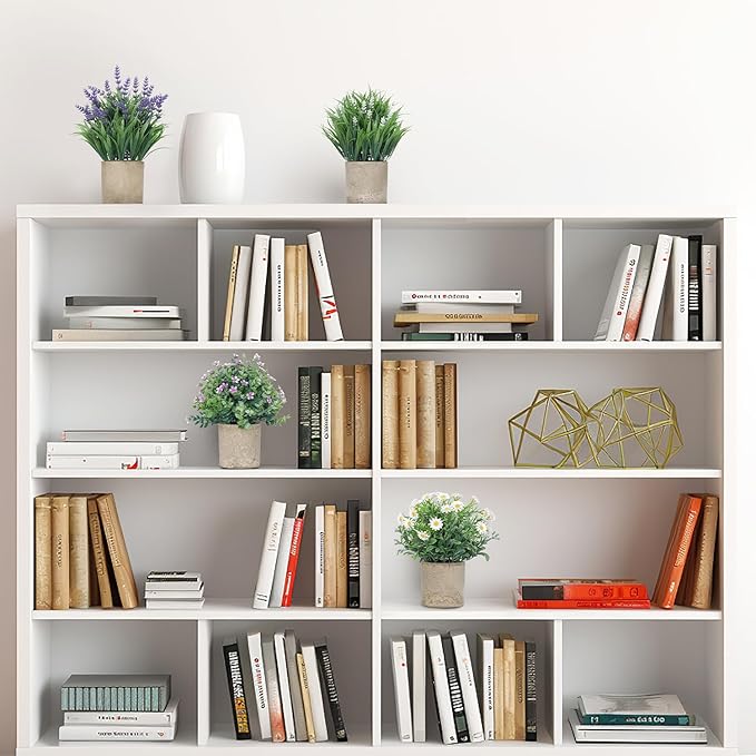 4 Pack Small Fake Plants, Artificial Eucalyptus Leaves with Flowers, Lavender & Daisy with Gray Paper Pulp Pots, Small Faux Potted Plant with Flowers for Home Decor, Indoor&Outdoor Decoration