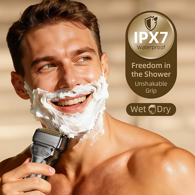 Electric Razor for Men: Rechargeable Foil Shaver with Push-Up Trimmer for Face - Cordless Wet/Dry/Anti-Slip Waterproof Shavers with LED Display - Metal Handheld Design, Light Gray Upgraded