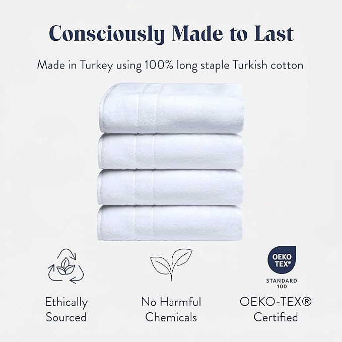 Brooklinen Super-Plush Turkish Cotton Bath Towel Set - Includes 4 Bath Towels Cotton, 820 GSM, Highly Absorbent, Machine Washable, Perfect for Home & Bathroom (White)