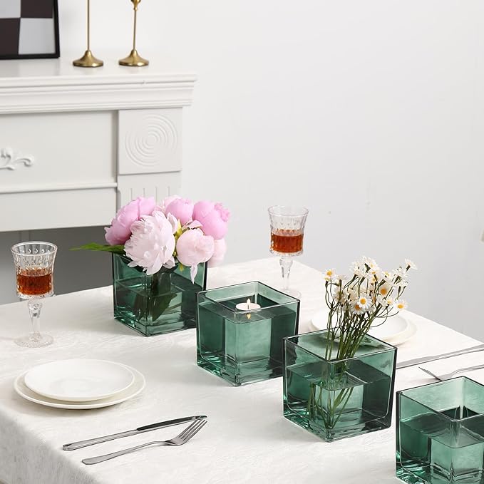 Square Glass Vases Set of 9, 5" x 5" x 5" Green Flower Vases for Centerpieces, Square Vase for Flowers, Small Vase for Wedding, Party, Home Office Decoration