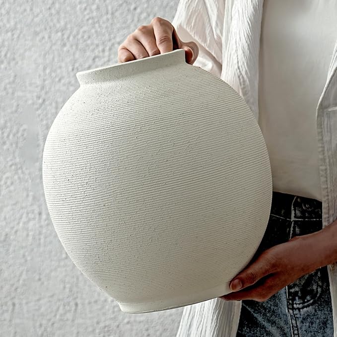 Large White Ceramic Vase, 10.8 inch Round Minimalist Textured Vase, Rustic Farmhouse Decor for Home, Living Room, Shelf, Table, Wedding & Entryway Decoration (Sandstone White)
