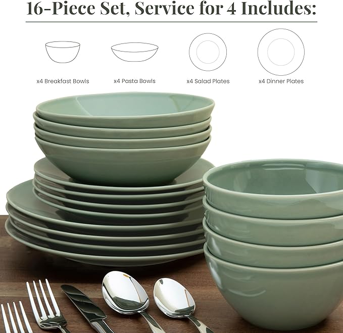 Larder & Vine Ceramic Stoneware Dinnerware 16-Piece Set, 4 Place Settings (Sage)