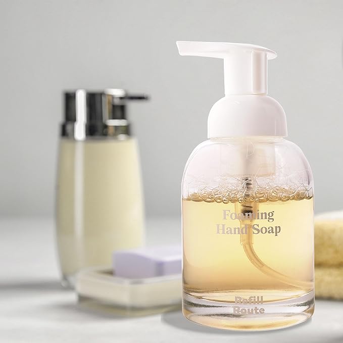 Foaming Hand Soap Refills & Dispenser Glass, 12 Hand Soap Tablets+1 Foaming Dispensers+2 Microfiber Cloths, Make 96 fl oz(12 x 8) - No Plastic, Vegan, Cleansing & Moisturizing, Lemon Scent