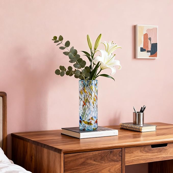 9.45" Tall Aqua Vase Hand Blown Glass Vase Green, Modern Aqua Home Centerpieces Wide Mouth Vases for Bud&Flower Decor - Ideal Living Room, Kitchen, Wedding, Dining Table, Office Center Table