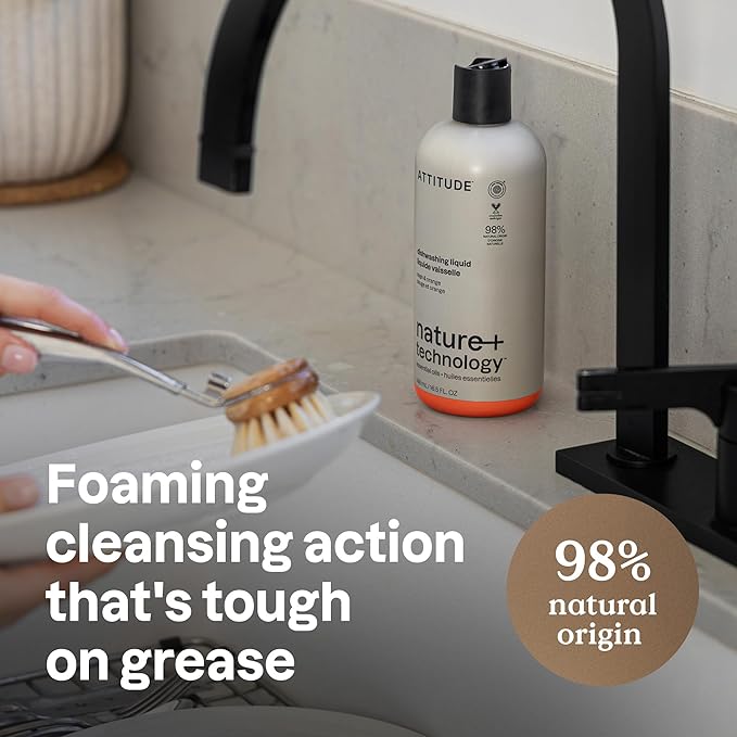 ATTITUDE Dish Soap, Infused with Essential Oils, Plant-Based Ingredients, EWG Verified, Great for Clean and Sparkling Dishes, Vegan Dishwashing Liquid, Orange & Sage, 488 mL