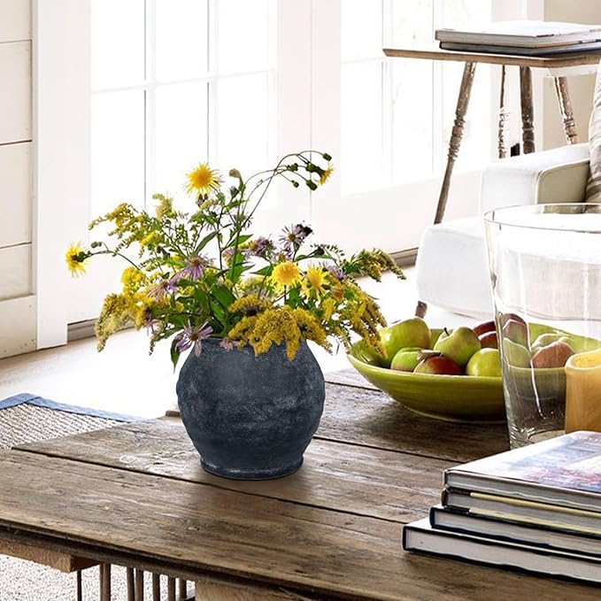 Briful 5.91'' Large Ceramic Black Rustic Vase, 4.72'' Wide Mouth Pampas Jar Vase Pottery for Fake Flowers Branches, Farmhouse Home Decor, Weddings Shelf Table Decor