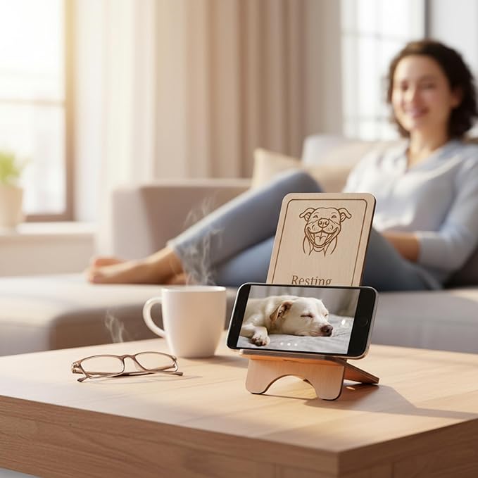 Design Your Own Phone Stand Personalized Wooden Holder Custom Pet Name Engraved Handmade Desk and Home Accessory Gift (Resting My Barks Pitbull)