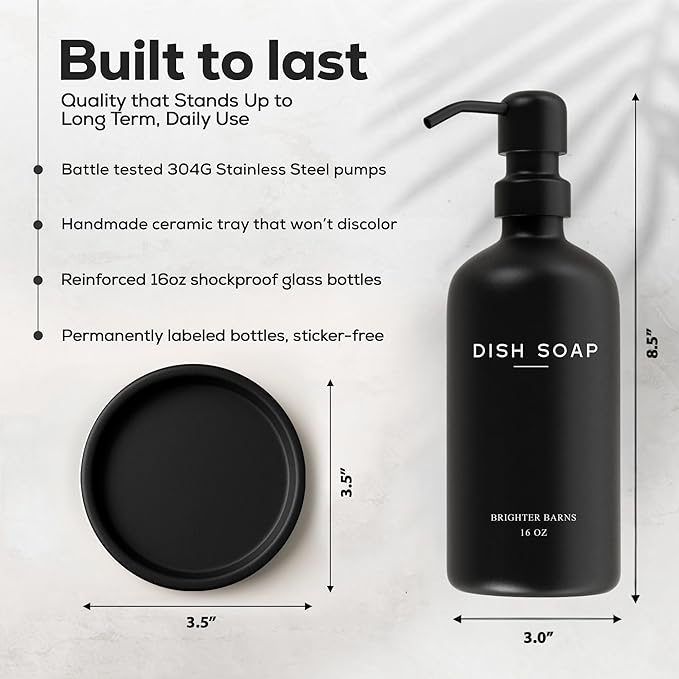 Black Glass Dish Soap Dispenser for Kitchen Sink by Brighter Barns - Modern Kitchen Soap Dispenser Set with Tray and Stainless Steel Pump - Modern Decor for Vacation Rental, Restaurants, Gifts (Black)