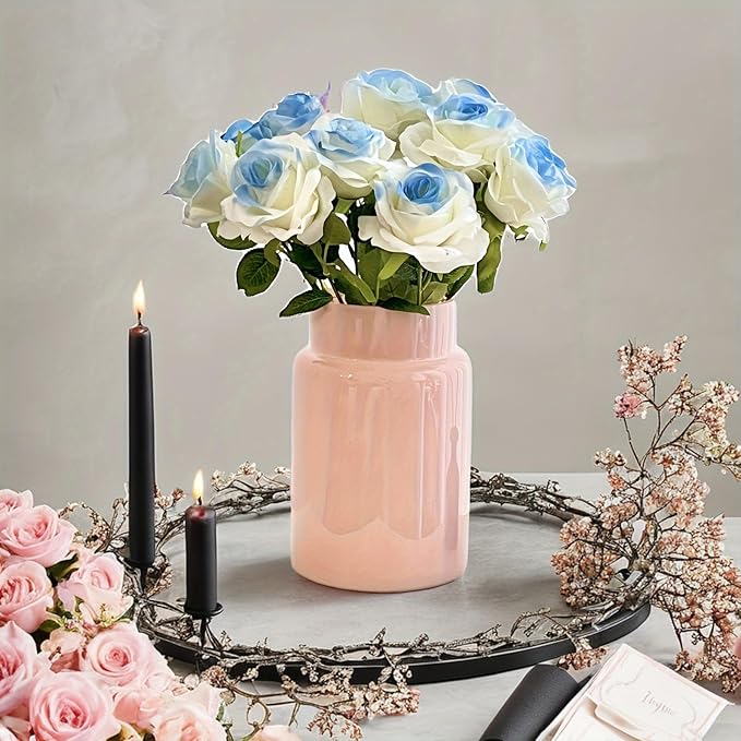 BLOFLO Pink Glass Vase, 9 Inch Large Glass Vase for Flowers, Modern Thick Glass Flower Vases for Centerpieces, Decorative Glass Cylinder Hydroponic Vase for Wedding, Home, Office (Pink, 9Inch)