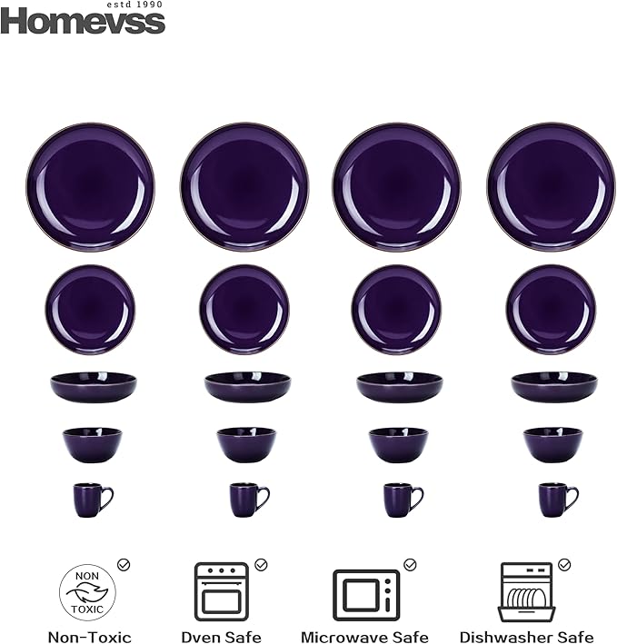 HomeVSS 20-Piece Dinnerware Set - Serves 4, Bright Glaze Purple plates and bowls sets with Speckle Effect for Microwave & Dishwasher Safe