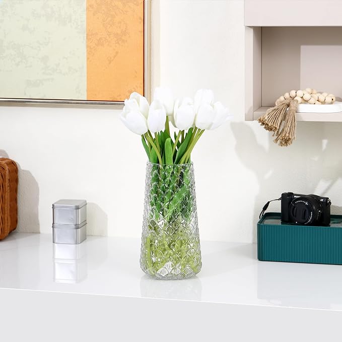 Glass Vase, Clear Flower Vase for Bouquet, Large Glass Vases for Flowers, Modern Vases for Living Room, Bedroom, Dining Table, Office, Kitchen, Wedding, 9 Inches