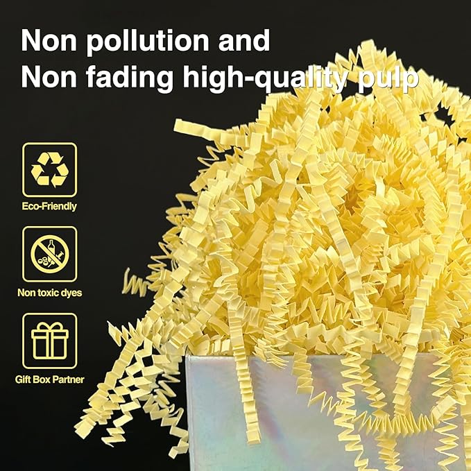 2 LB Crinkle Paper Shred Filler for Bag Gift Box Basket Paper Shreded Stuffing Decoration for Holiday Party (Light Yellow)